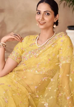 Embroidered Net Scalloped Saree in Yellow