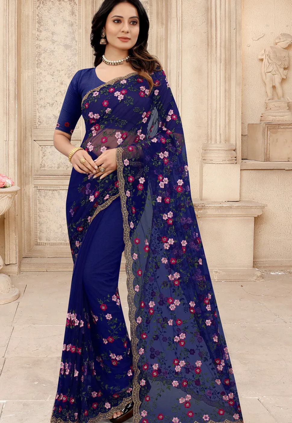 Embroidered Net Scalloped Saree in Navy Blue