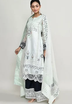 Embroidered Net Scalloped Pakistani Suit in Off White