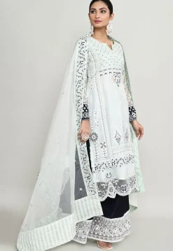 Embroidered Net Scalloped Pakistani Suit in Off White