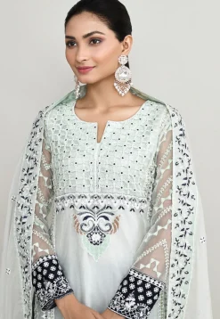 Embroidered Net Scalloped Pakistani Suit in Off White