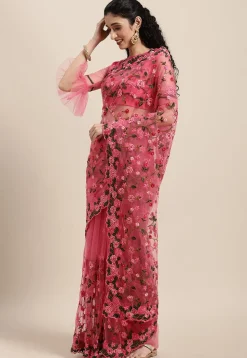 Embroidered Net Scalloped Saree in Pink