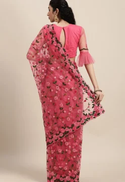 Embroidered Net Scalloped Saree in Pink