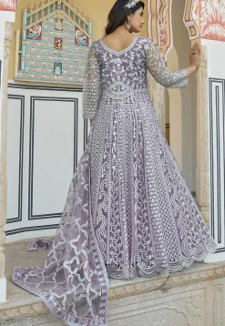 Embroidered Net Scalloped Abaya Style Suit in Purple