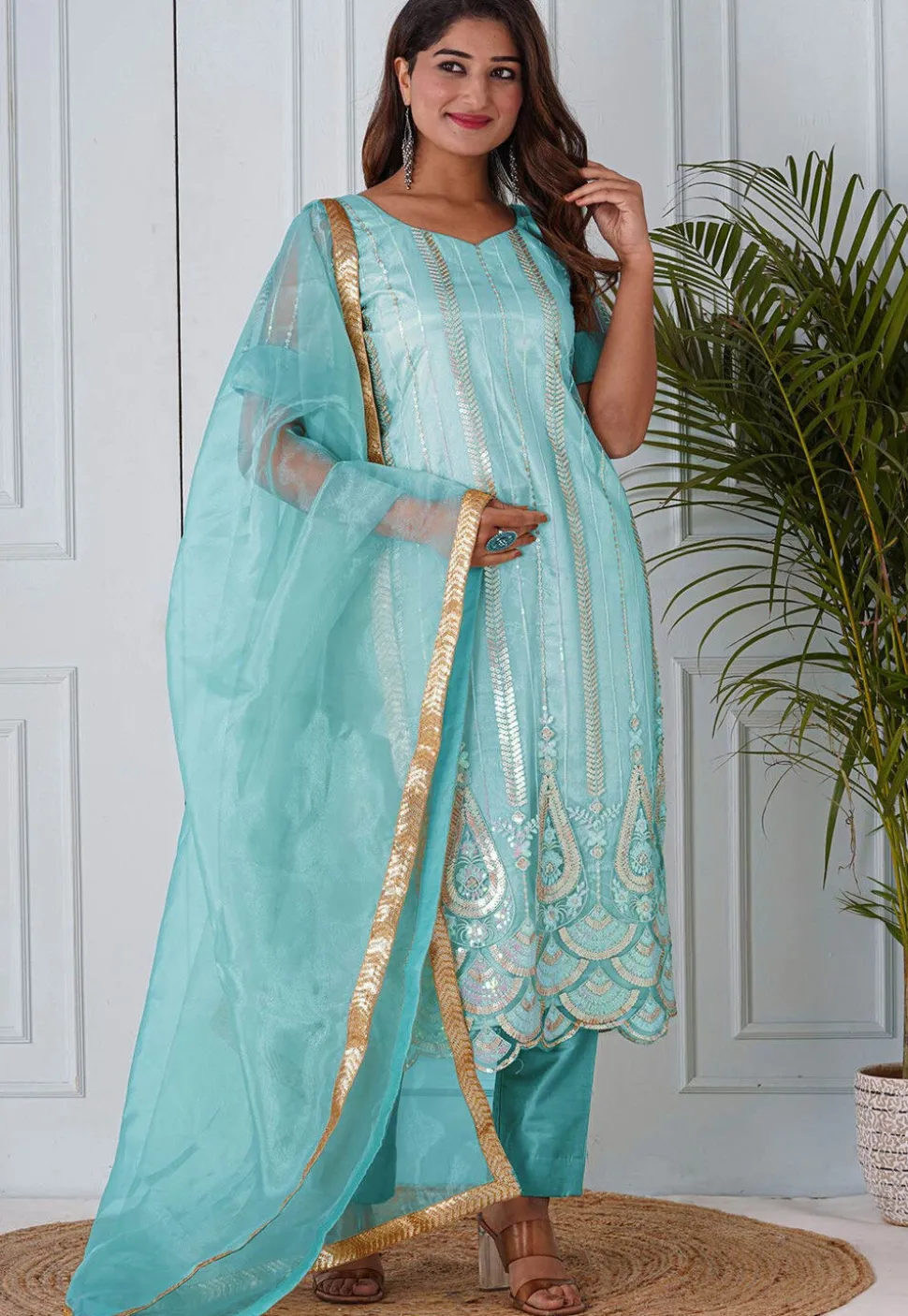 Embroidered Net Scalloped Hem Pakistani Suit in Pastel Blue