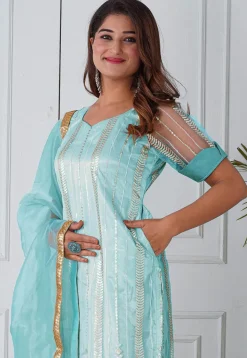 Embroidered Net Scalloped Hem Pakistani Suit in Pastel Blue