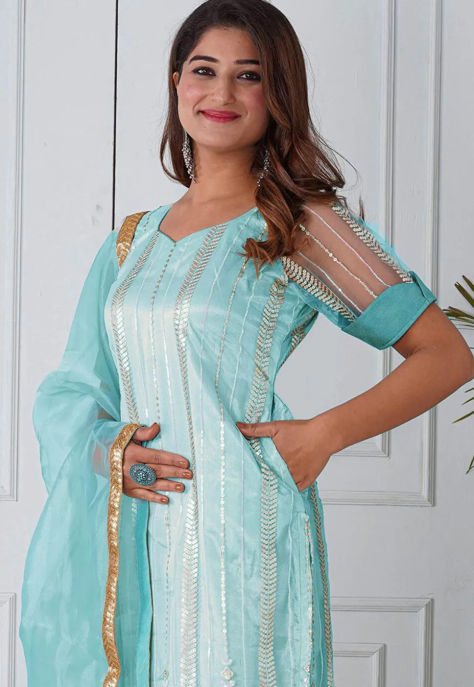 Embroidered Net Scalloped Hem Pakistani Suit in Pastel Blue