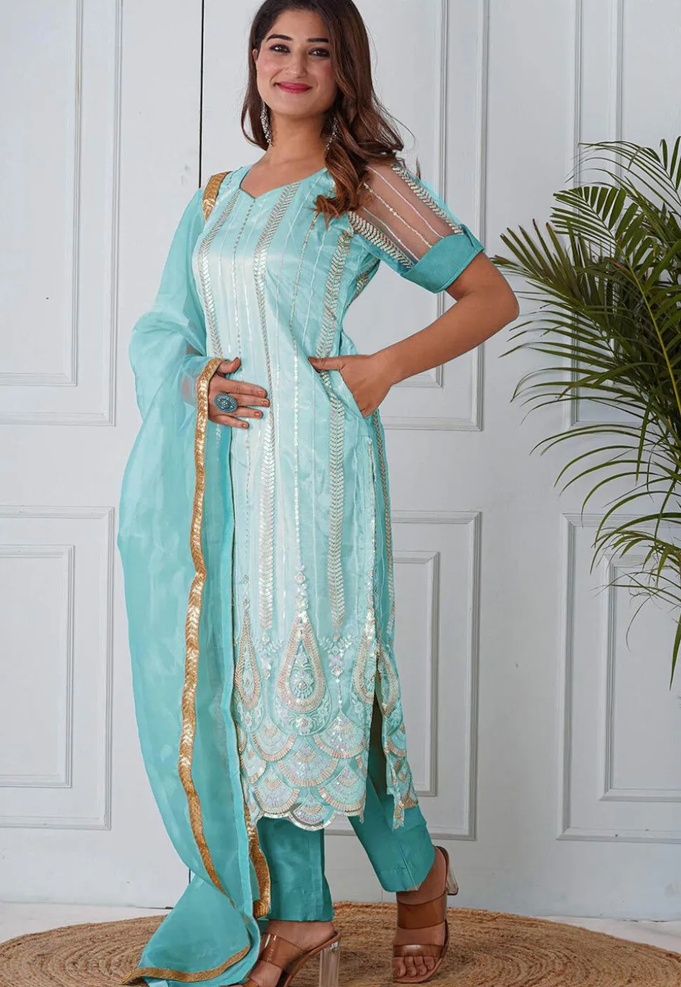 Embroidered Net Scalloped Hem Pakistani Suit in Pastel Blue