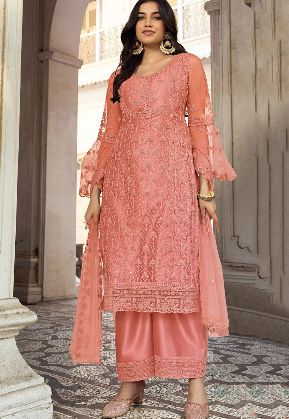 Embroidered Net Scalloped Pakistani Suit in Peach