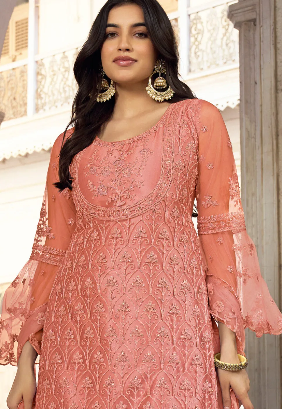 Embroidered Net Scalloped Pakistani Suit in Peach