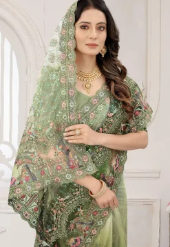 Embroidered Net Scalloped Saree in Shaded Green