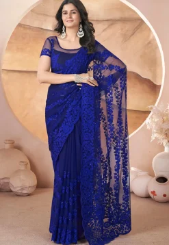 Embroidered Net Scalloped Saree in Dark Blue