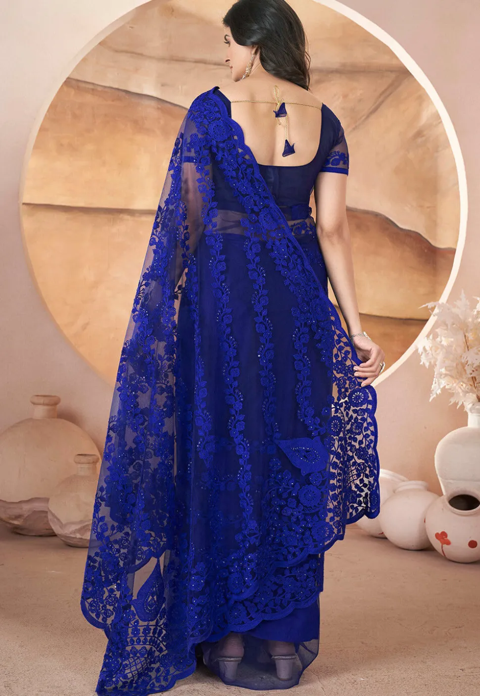 Embroidered Net Scalloped Saree in Dark Blue