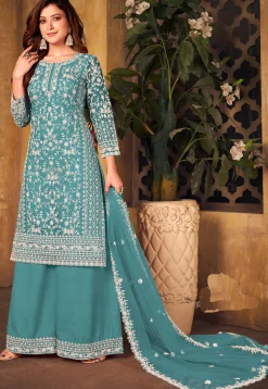 Embroidered Net Scalloped Pakistani Suit in Teal Blue