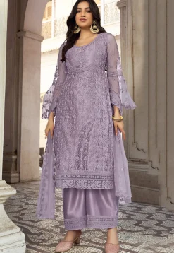 Embroidered Net Scalloped Pakistani Suit in Purple