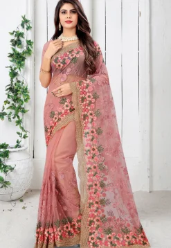 Embroidered Net Scalloped Saree in Light Old Rose