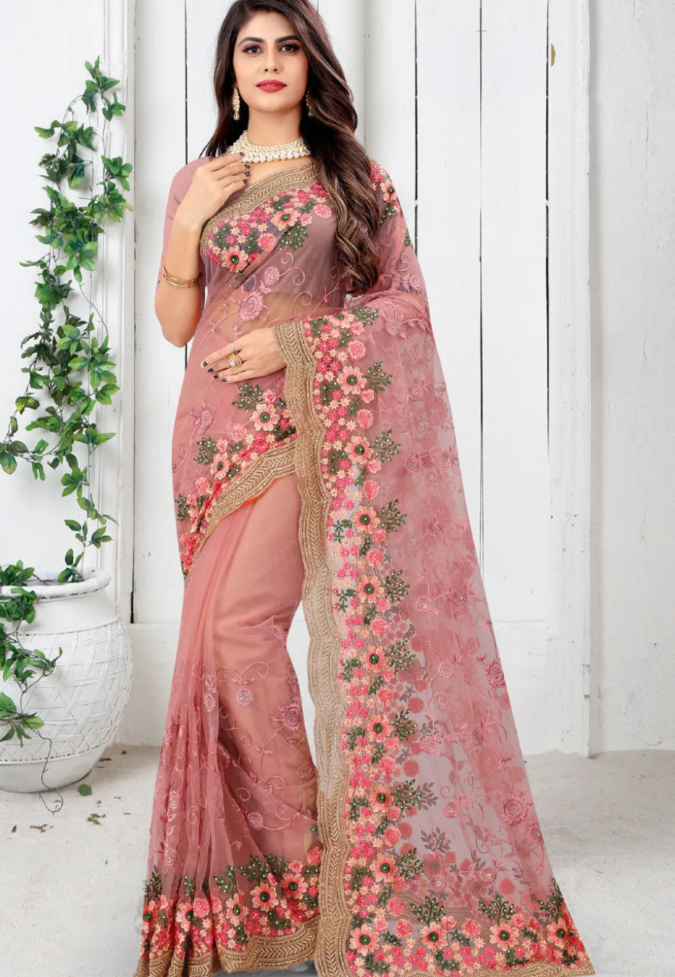 Embroidered Net Scalloped Saree in Light Old Rose