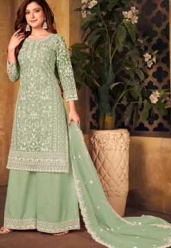 Embroidered Net Scalloped Pakistani Suit in Light Green