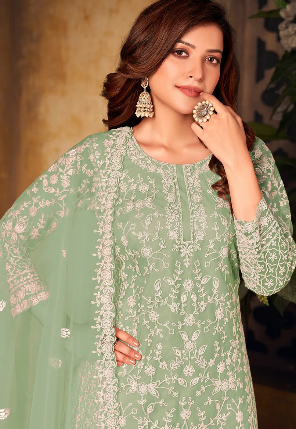 Embroidered Net Scalloped Pakistani Suit in Light Green