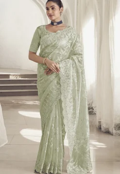 Embroidered Net Scalloped Saree in Light Green