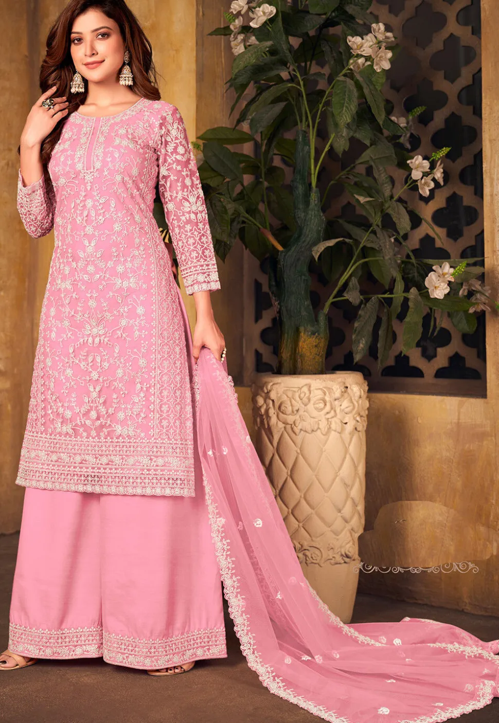 Embroidered Net Scalloped Pakistani Suit in Pink