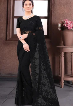 Embroidered Net Scalloped Saree in Black