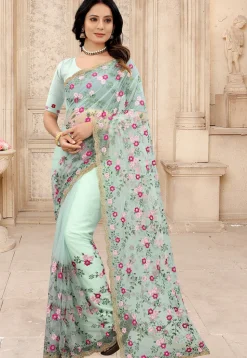Embroidered Net Scalloped Saree in Sea Green
