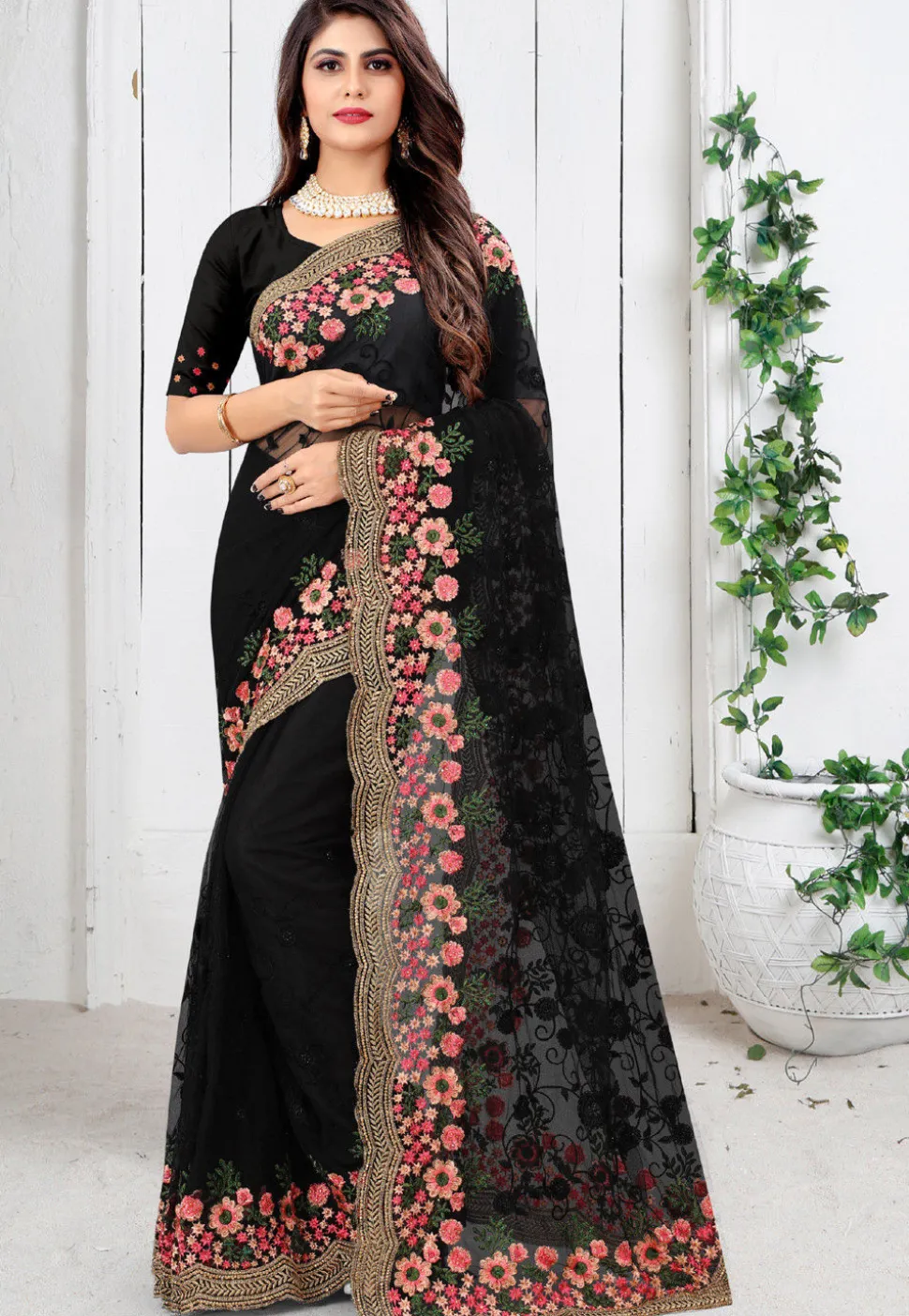 Embroidered Net Scalloped Saree in Black