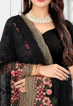 Embroidered Net Scalloped Saree in Black