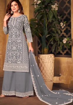Embroidered Net Scalloped Pakistani Suit in Grey