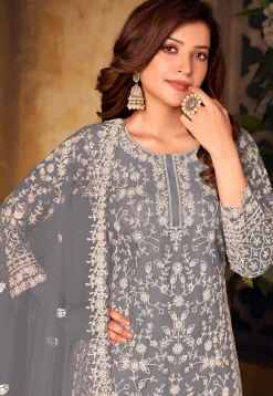 Embroidered Net Scalloped Pakistani Suit in Grey