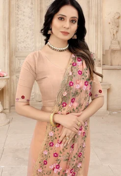 Embroidered Net Scalloped Saree in Peach