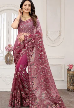 Embroidered Net Scalloped Saree in Shaded Magenta