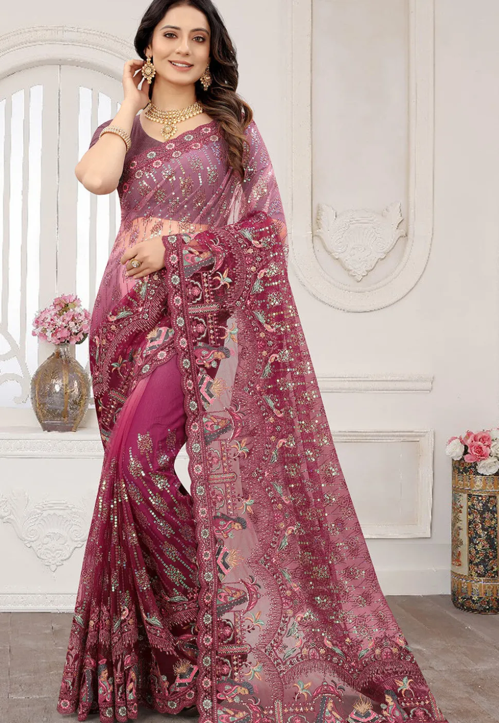 Embroidered Net Scalloped Saree in Shaded Magenta