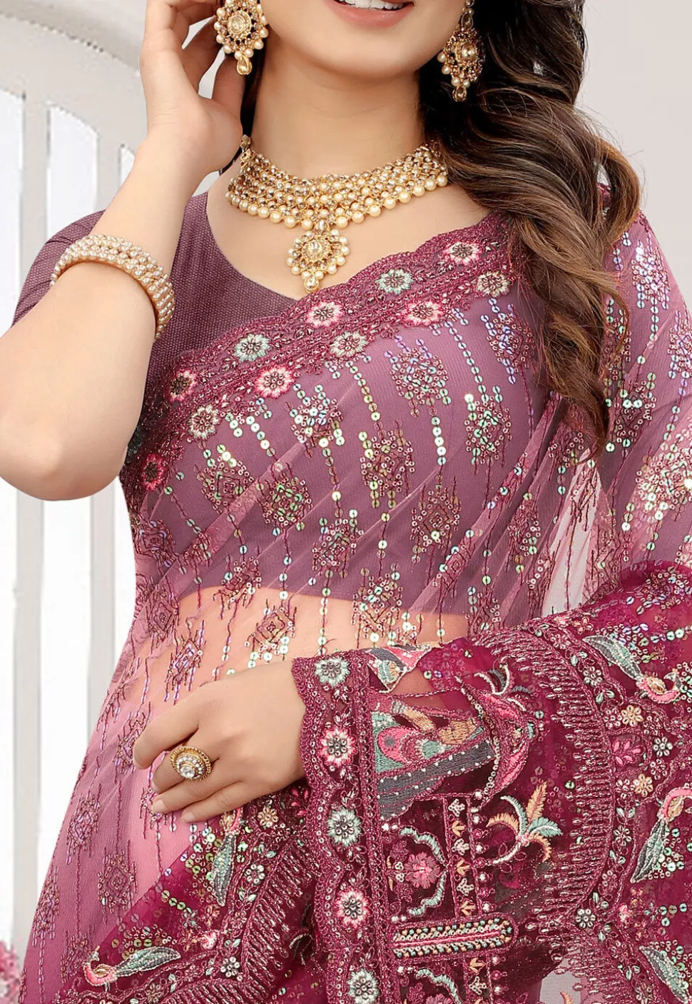 Embroidered Net Scalloped Saree in Shaded Magenta