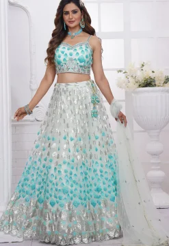 Embroidered Net Scalloped Lehenga in Off White and Sky Blue