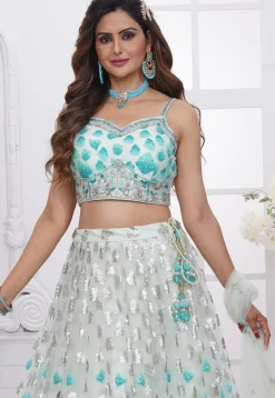 Embroidered Net Scalloped Lehenga in Off White and Sky Blue