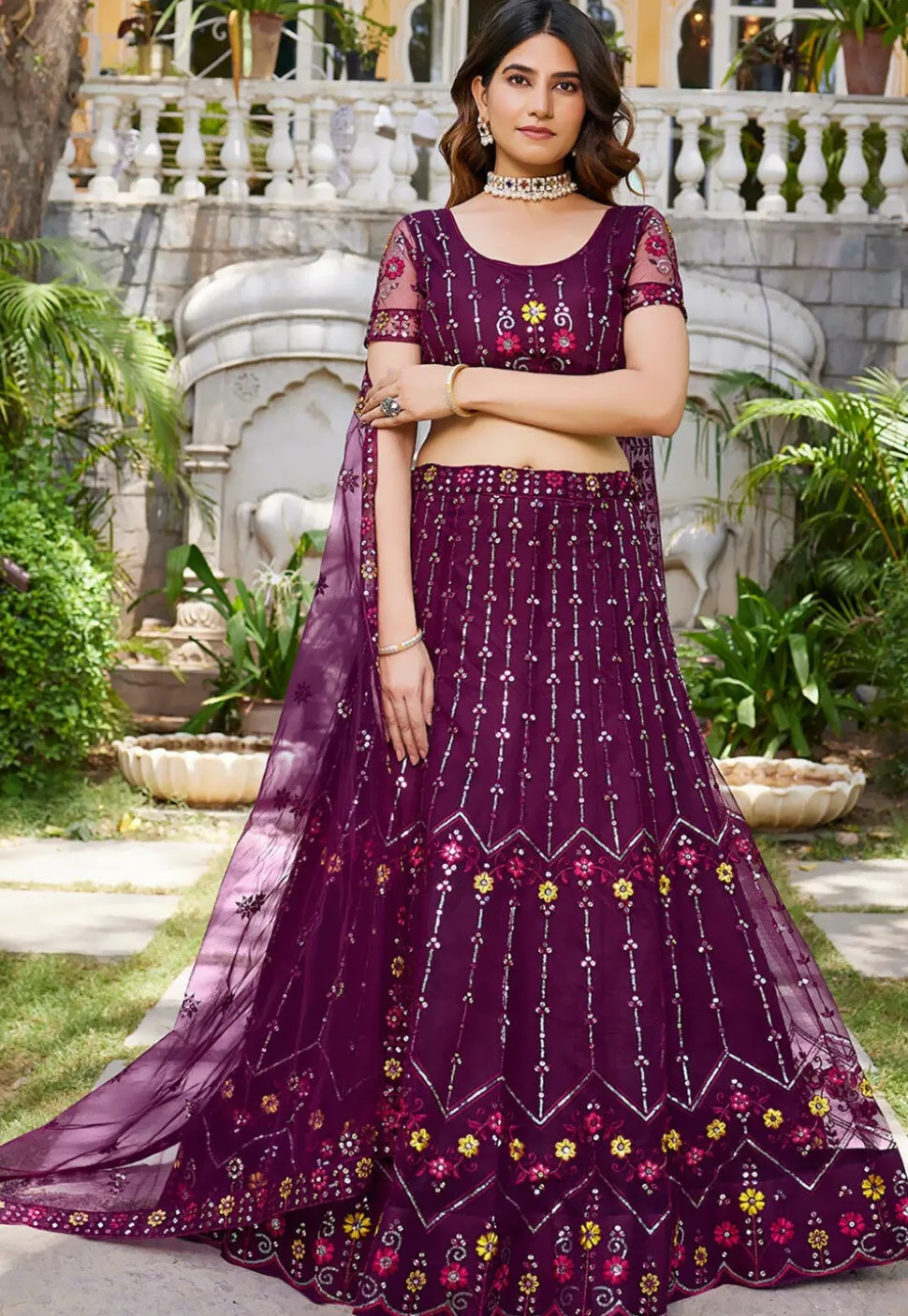 Embroidered Net Scalloped Lehenga in Wine