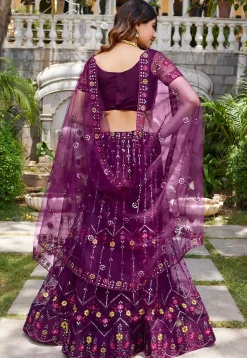 Embroidered Net Scalloped Lehenga in Wine