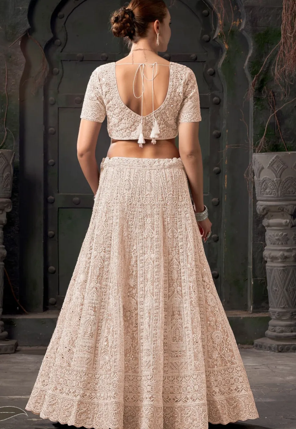 Embroidered Net Scalloped Lehenga in Beige