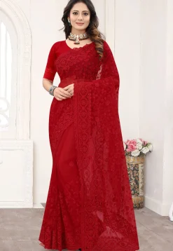 Embroidered Net Scalloped Saree in Maroon