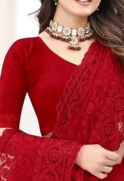 Embroidered Net Scalloped Saree in Maroon