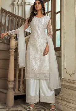 Embroidered Net Scalloped Pakistani Suit in Off White