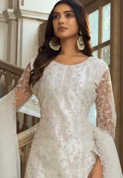 Embroidered Net Scalloped Pakistani Suit in Off White