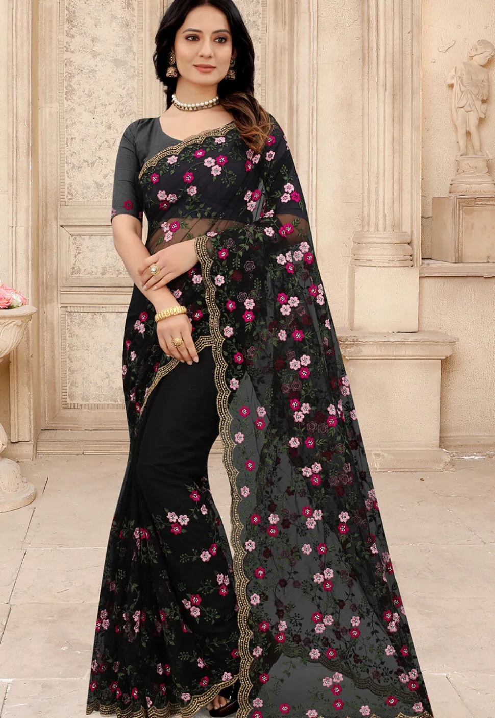 Embroidered Net Scalloped Saree in Black