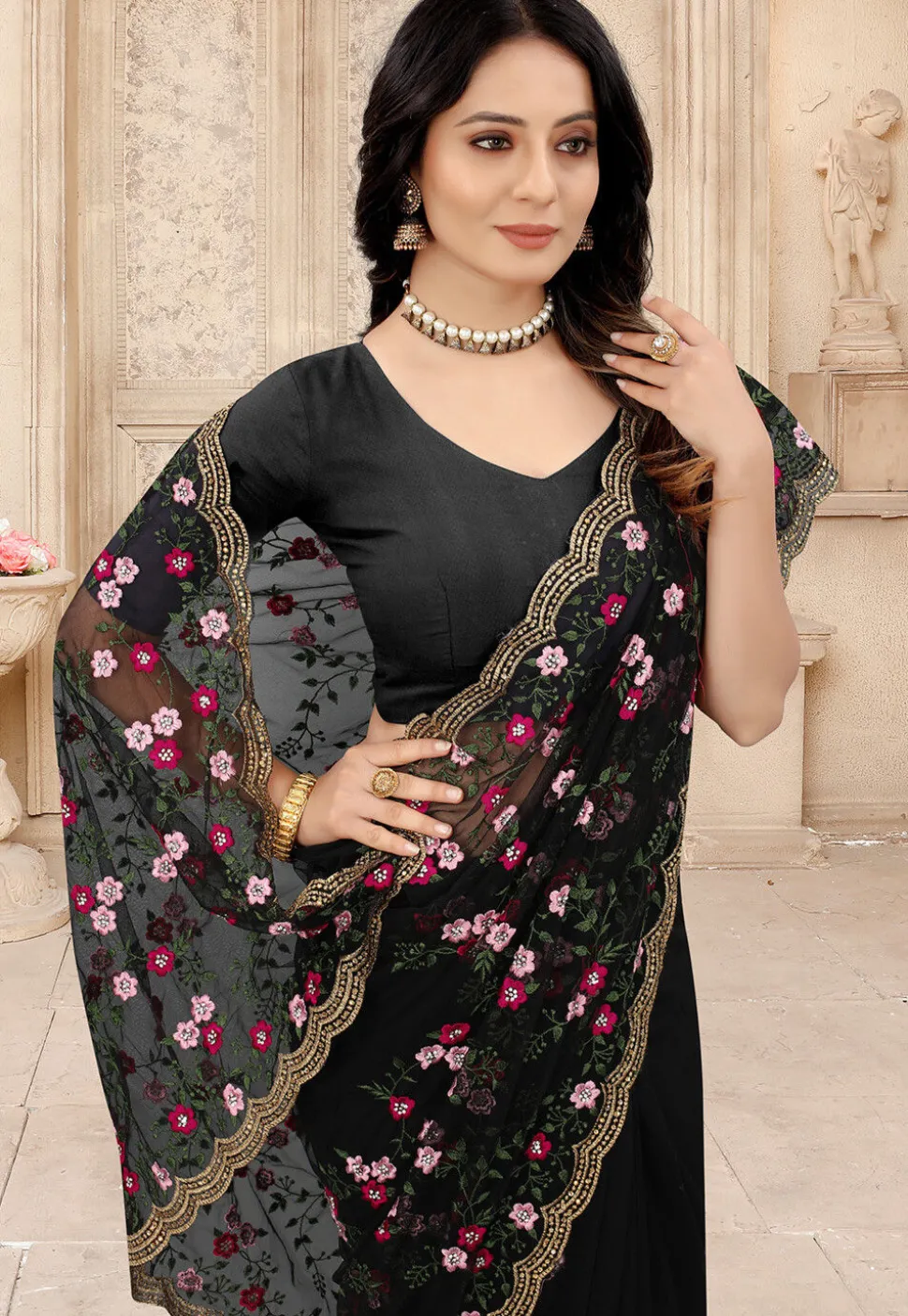 Embroidered Net Scalloped Saree in Black