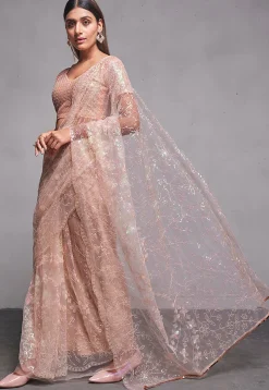 Embroidered Net Scalloped Saree in Peach