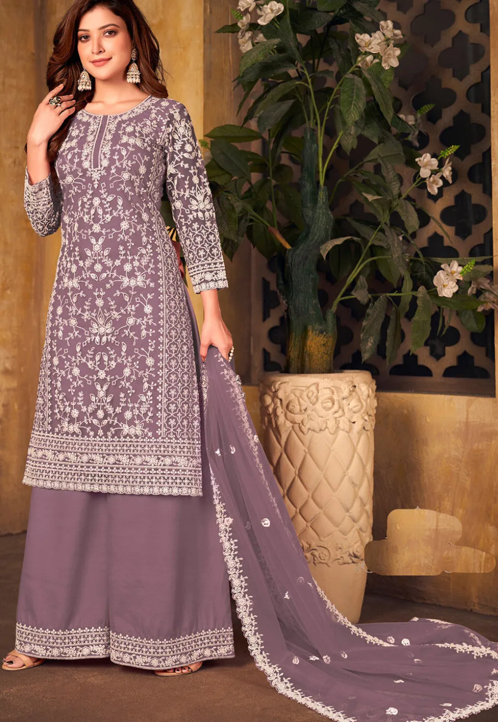 Embroidered Net Scalloped Pakistani Suit in Purple