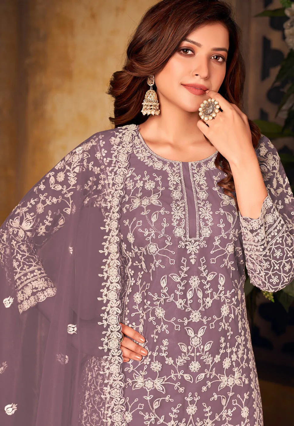 Embroidered Net Scalloped Pakistani Suit in Purple