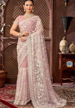 Embroidered Net Scalloped Saree in Pink